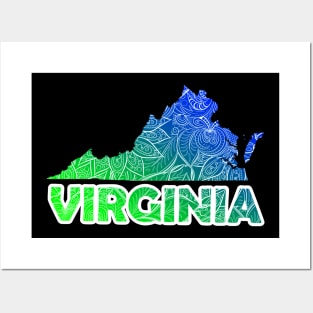 Colorful mandala art map of Virginia with text in blue and green Posters and Art